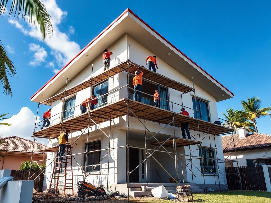 Un chantier de construction avec des ouvriers sur échafaudage