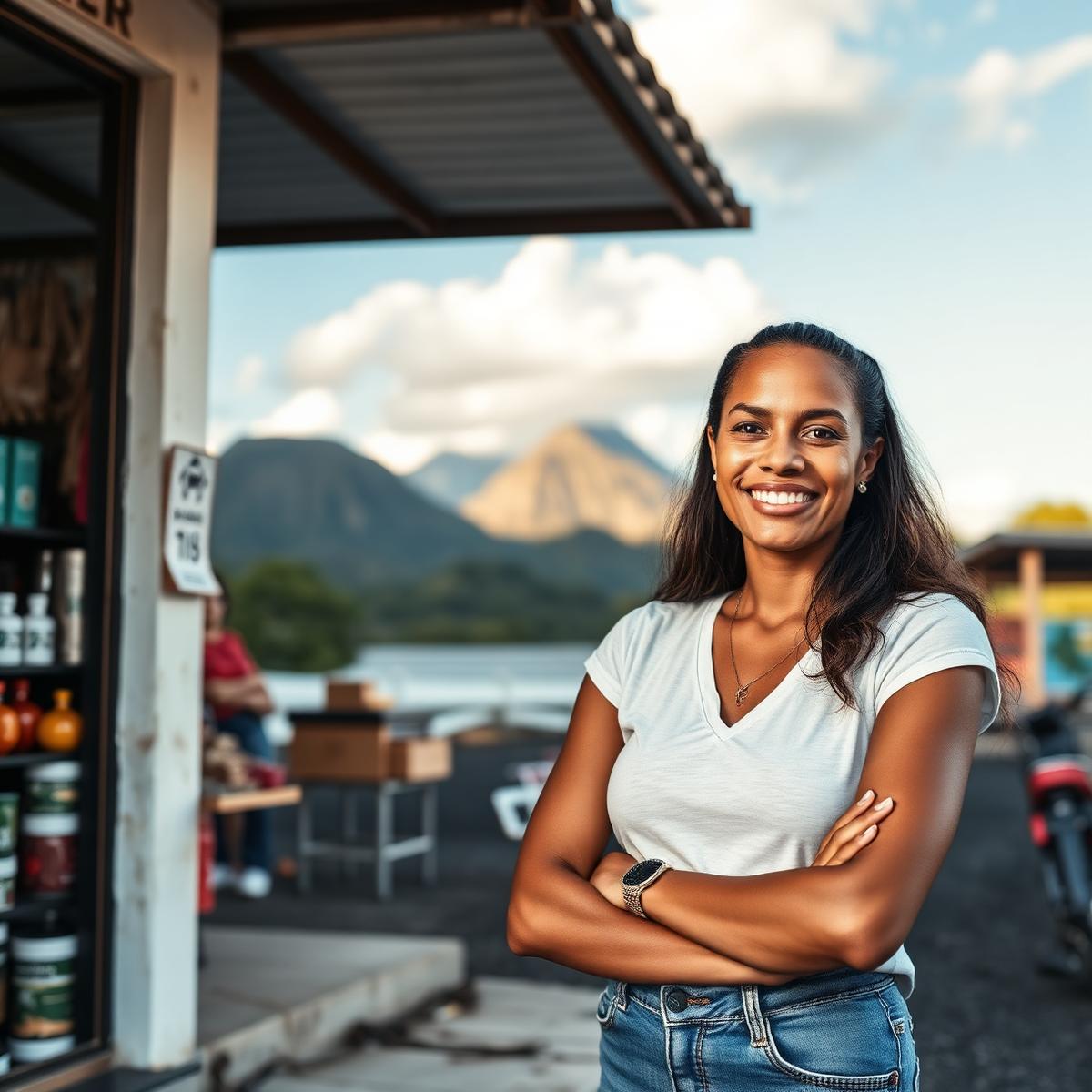 Une commerçante souriante devant sa boutique
