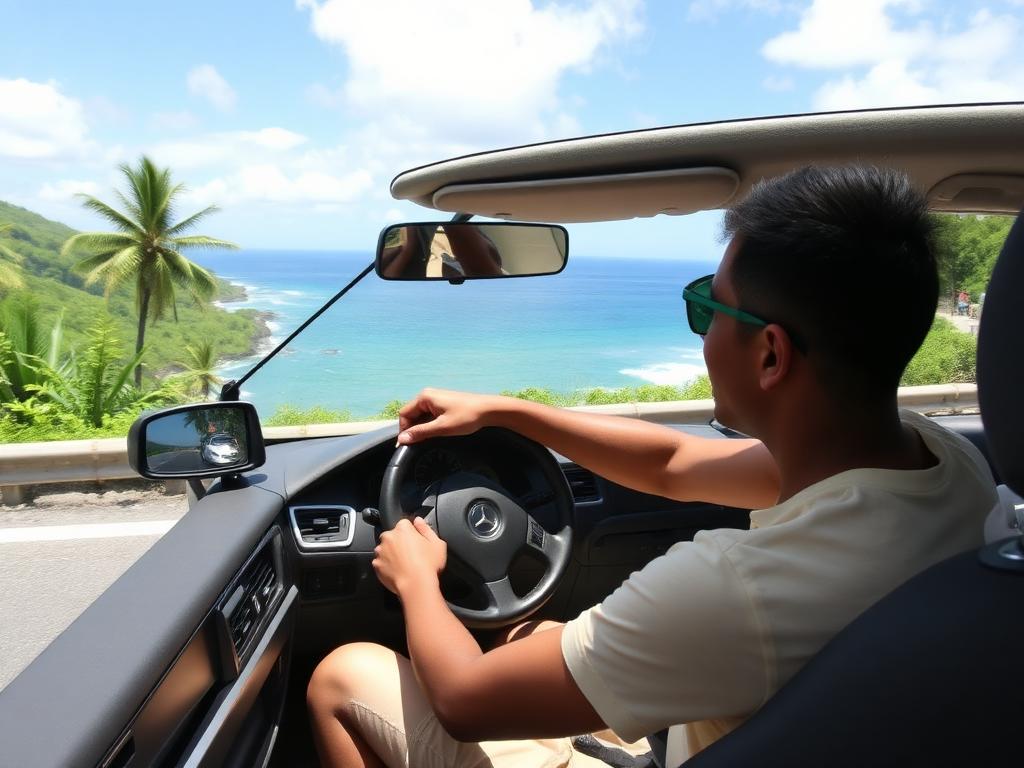 Un conducteur au volant, avec la mer turquoise en arrière-plan